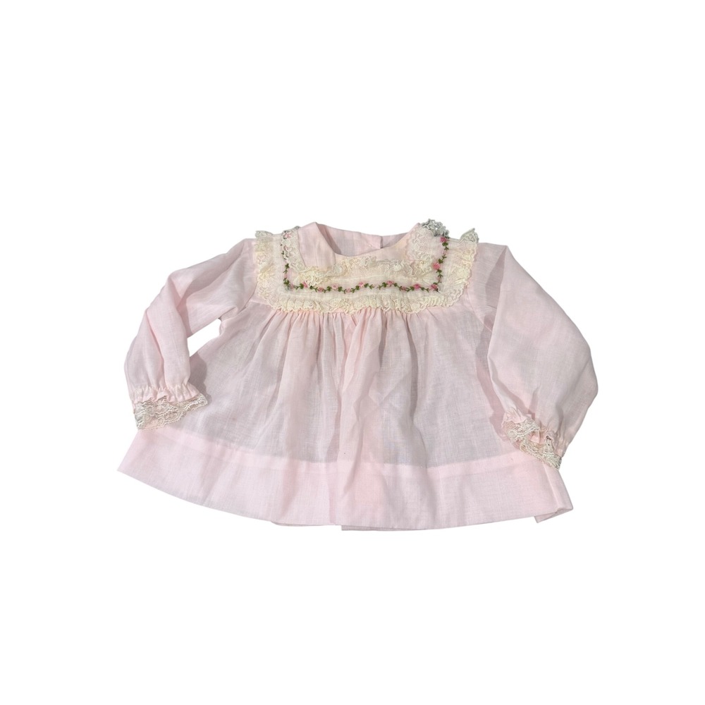 Alexis Vintage Baby Girl Pink Lace Floral Embroidered Blouse Top 6-9 Months USA